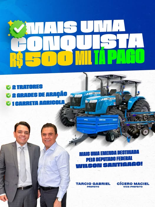 Com apoio do deputado Wilson Santiago, prefeito Tarcio Gabriel anuncia investimento de R$ 500 mil para fortalecer agricultura de Amparo