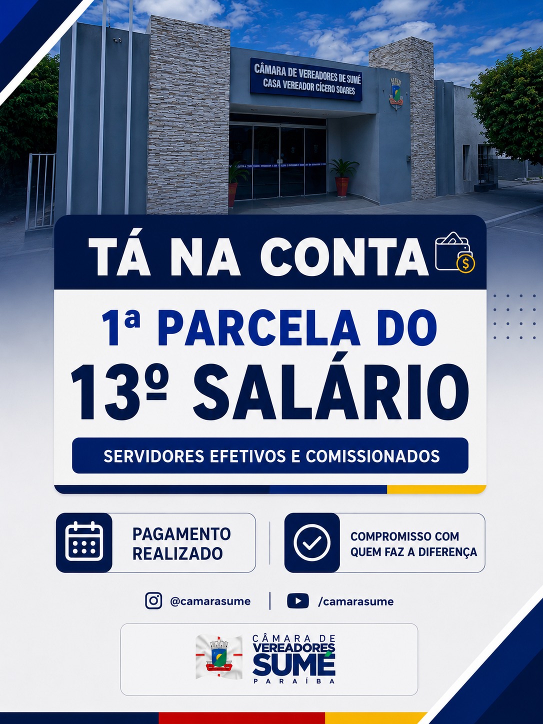 Câmara de Sumé realiza pagamento da primeira parcela do 13º salário para servidores efetivos e comissionados