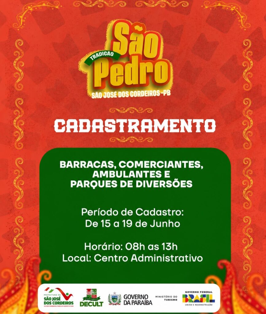 Prefeitura de São José dos Cordeiros abre cadastramento para comerciantes interessados no São Pedro Tradição 2026