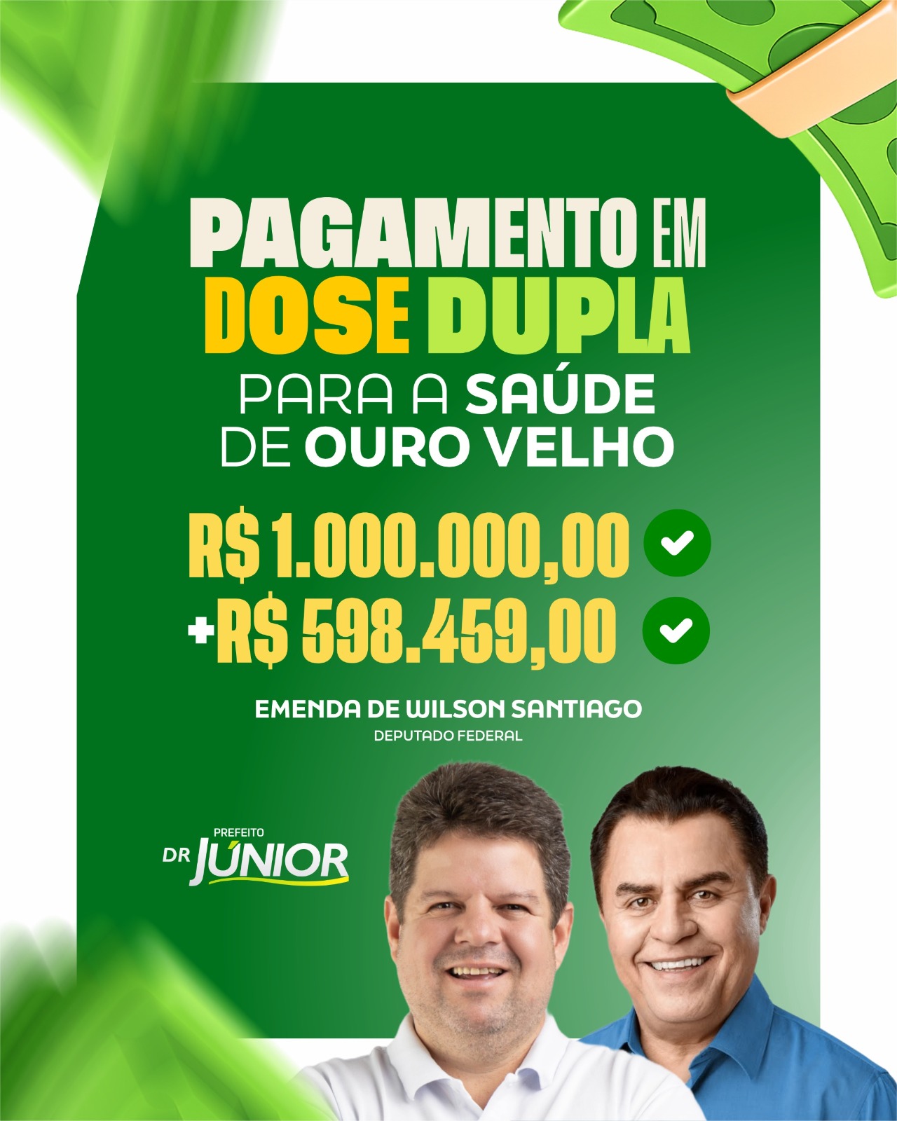 Prefeito Dr. Júnior anuncia liberação de mais de R$ 1,5 milhão para a Saúde de Ouro Velho por meio de emendas de Wilson Santiago