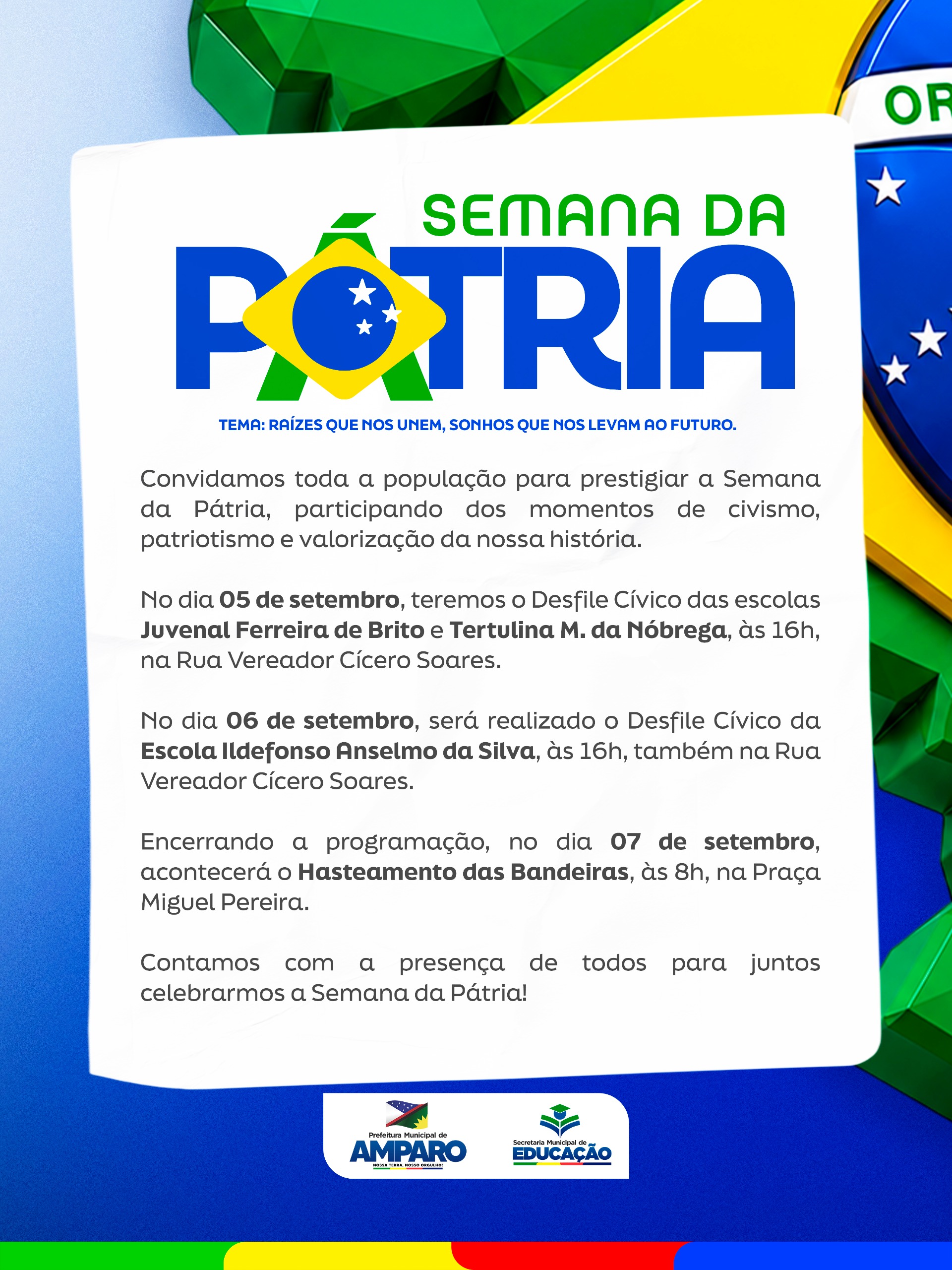 Amparo realiza programação especial da Semana da Pátria com desfiles cívicos e hasteamento das bandeiras